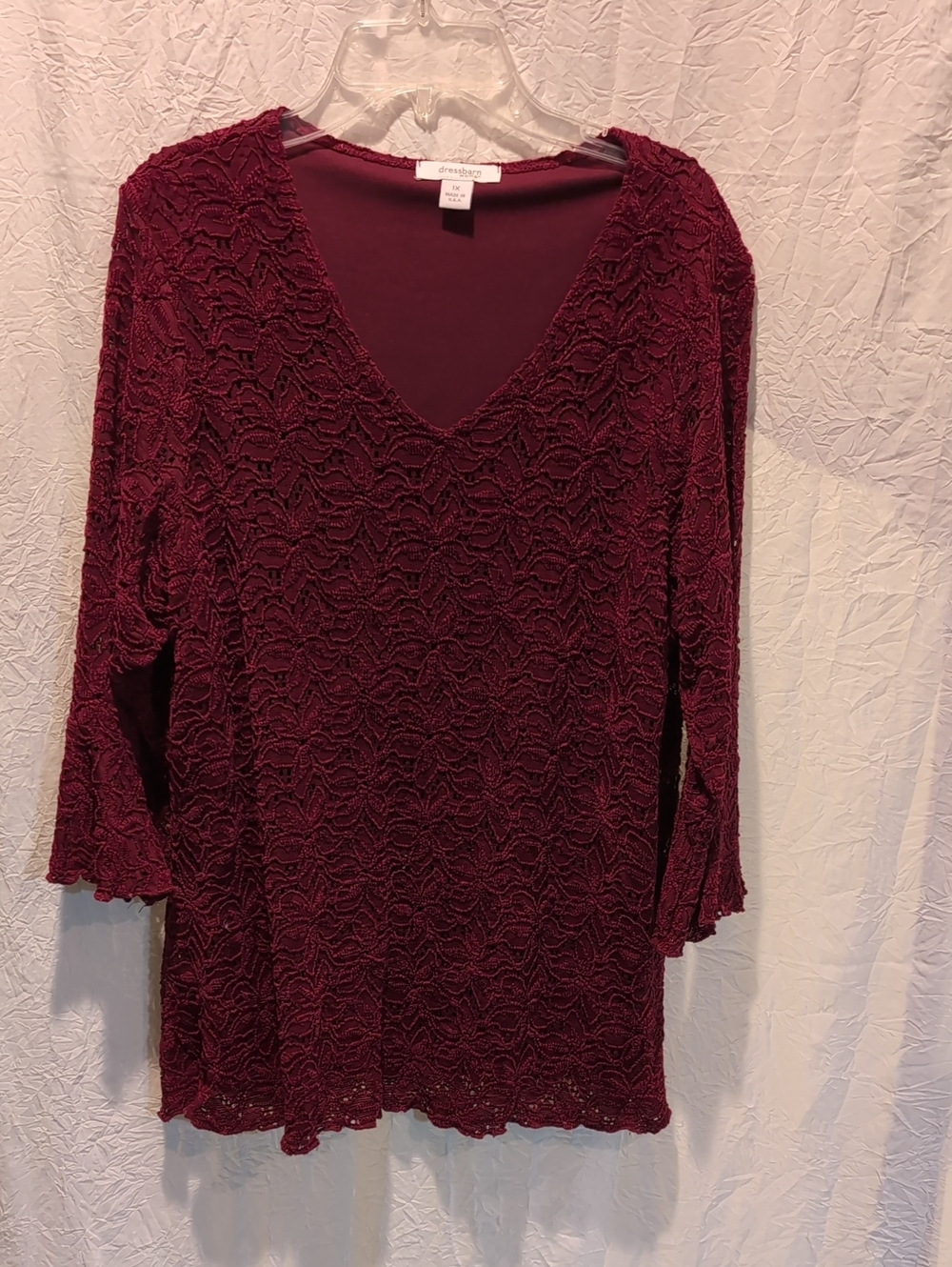 Plus Size dressbarn Wine Lace V-Neck Long Sleeve Top
